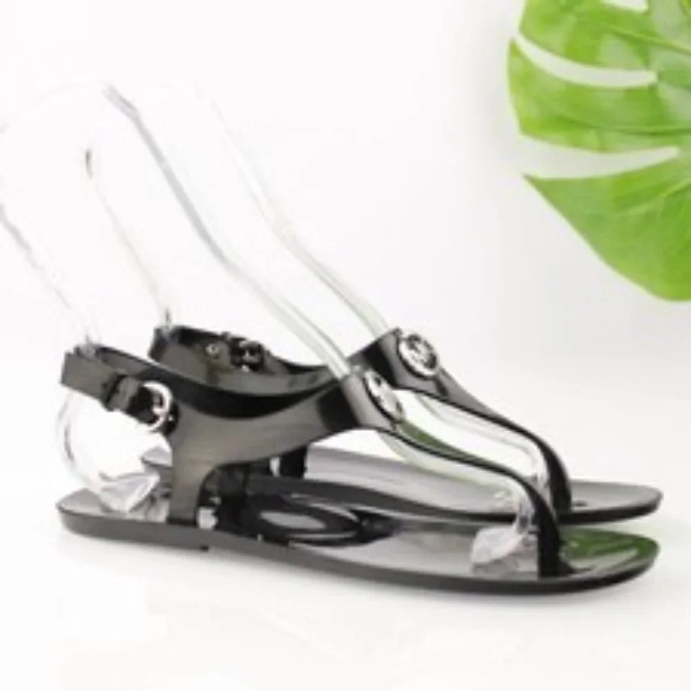 Michael Kors Black Lillie PVC Jelly Thong Sandals Womens Size 8 Big Silver MK